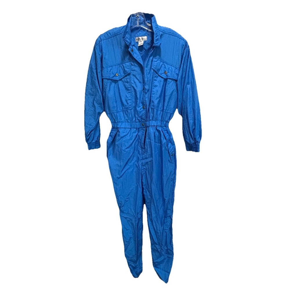 Vintage Abraxas 80s Nylon Size M Blue Jumpsuit Parachute Snap Pockets